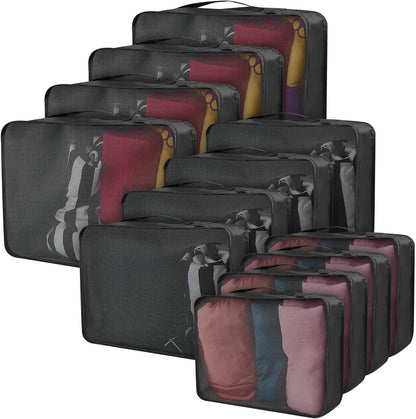 12 Pcs Packing Cubes for Suitcase Travel Luggage Bags Bulk Mesh Organizer Set for Hiking Camping Backpacking Clothes Accessories (Black,XL, L, M Size)