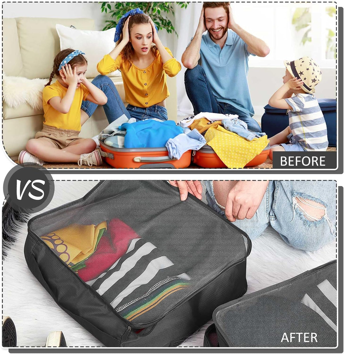 12 Pcs Packing Cubes for Suitcase Travel Luggage Bags Bulk Mesh Organizer Set for Hiking Camping Backpacking Clothes Accessories (Black,XL, L, M Size)