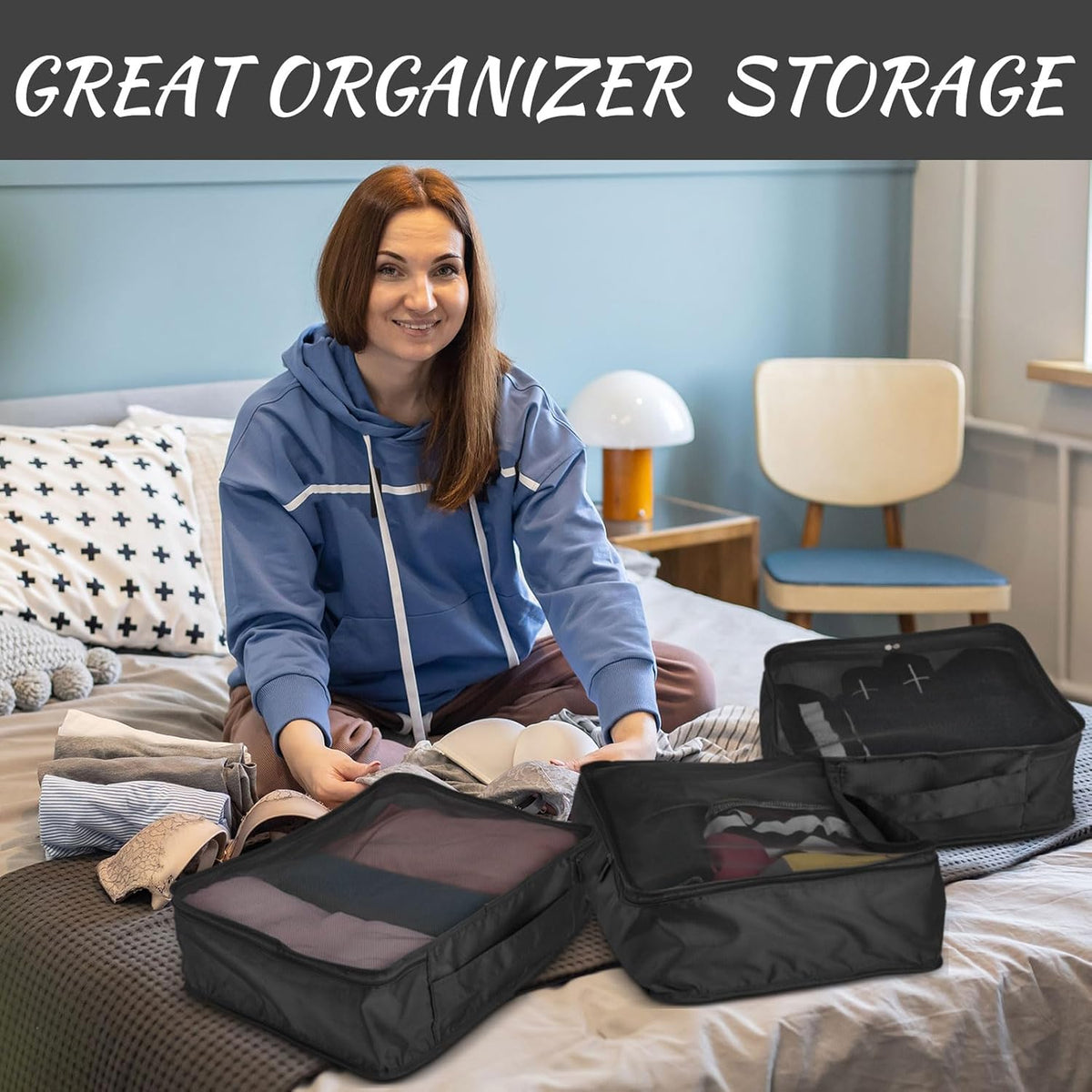 12 Pcs Packing Cubes for Suitcase Travel Luggage Bags Bulk Mesh Organizer Set for Hiking Camping Backpacking Clothes Accessories (Black,XL, L, M Size)