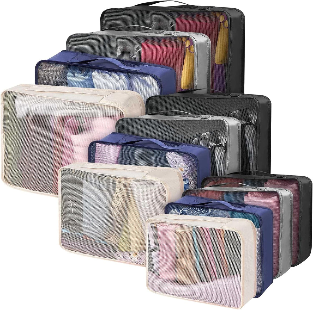 12 Pcs Packing Cubes for Suitcase Travel Luggage Bags Bulk Mesh Organizer Set for Hiking Camping Backpacking Clothes Accessories (Black,XL, L, M Size)