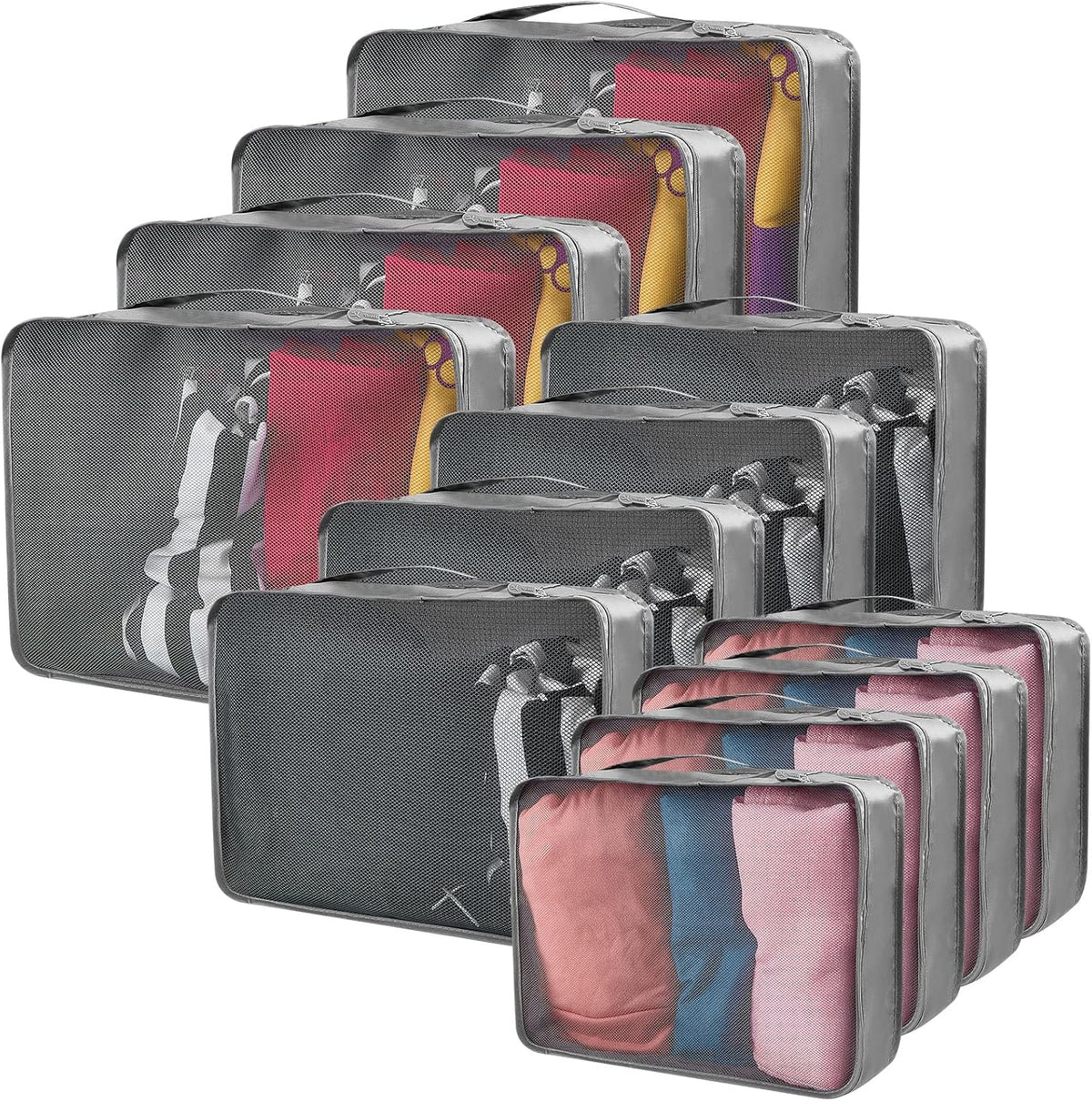 12 Pcs Packing Cubes for Suitcase Travel Luggage Bags Bulk Mesh Organizer Set for Hiking Camping Backpacking Clothes Accessories (Black,XL, L, M Size)