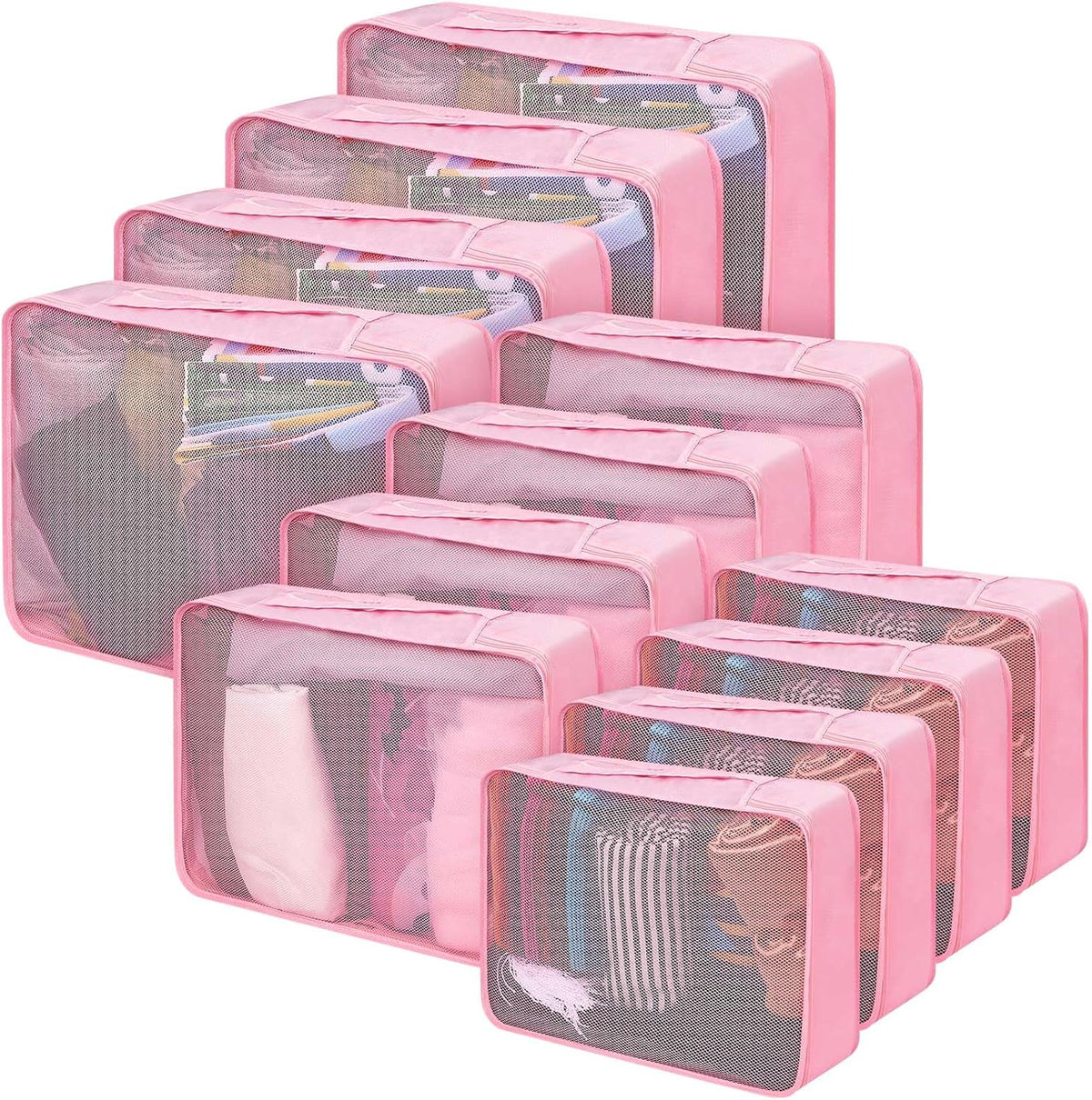 12 Pcs Packing Cubes for Suitcase Travel Luggage Bags Bulk Mesh Organizer Set for Hiking Camping Backpacking Clothes Accessories (Black,XL, L, M Size)
