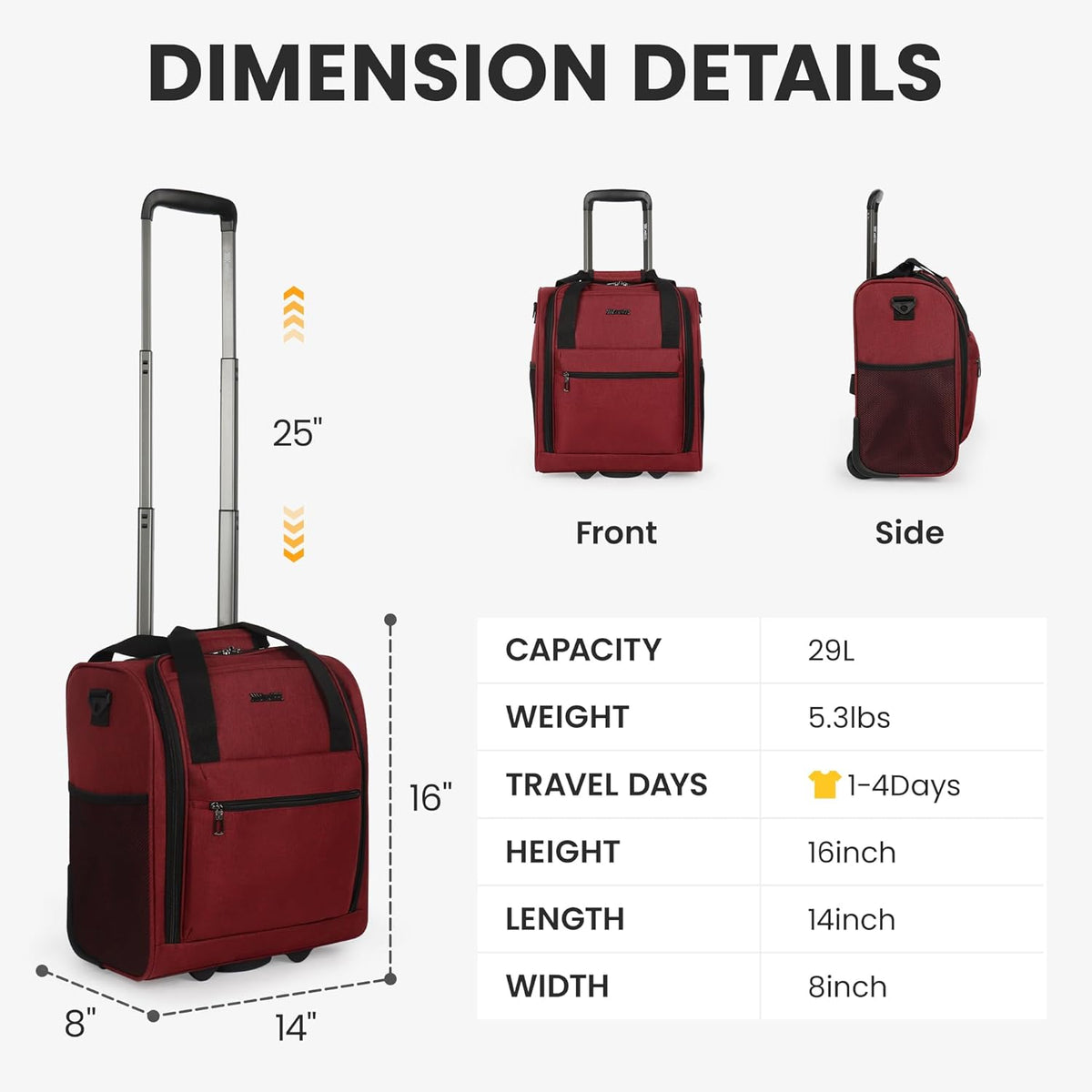 16'' Softside Carry-On Luggage for Airplane,3-in-1 Underseat Carry On Luggage with Wheels,Scratch-Resistant Surface,Lightweight Durable Rolling Suitcase for Men/Women Business Trip（16'',Burgundy）