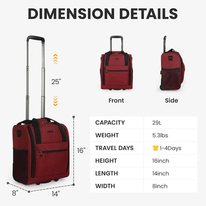 16'' Softside Carry-On Luggage for Airplane,3-in-1 Underseat Carry On Luggage with Wheels,Scratch-Resistant Surface,Lightweight Durable Rolling Suitcase for Men/Women Business Trip（16'',Burgundy）