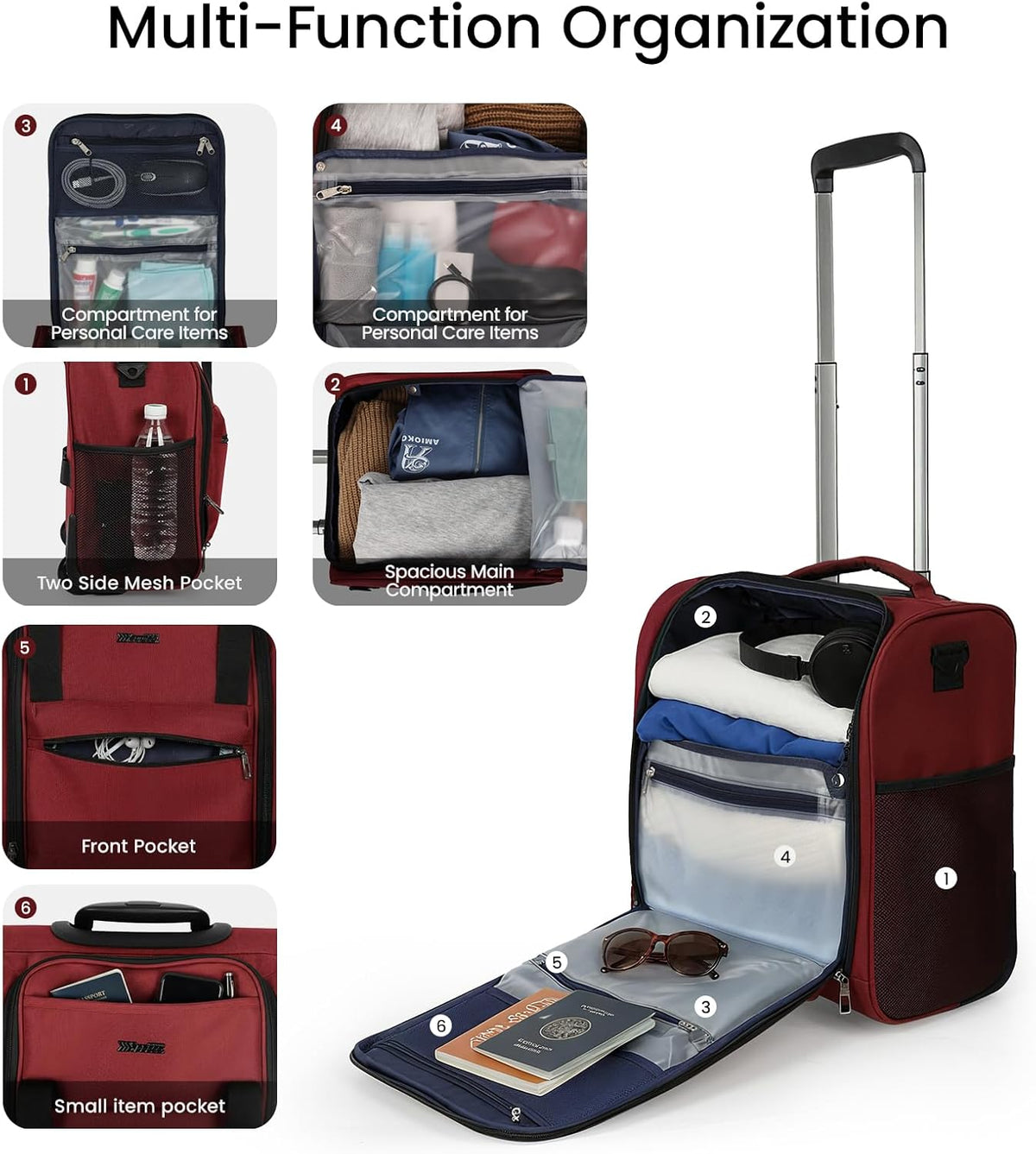 16'' Softside Carry-On Luggage for Airplane,3-in-1 Underseat Carry On Luggage with Wheels,Scratch-Resistant Surface,Lightweight Durable Rolling Suitcase for Men/Women Business Trip（16'',Burgundy）