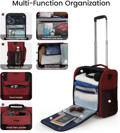 16'' Softside Carry-On Luggage for Airplane,3-in-1 Underseat Carry On Luggage with Wheels,Scratch-Resistant Surface,Lightweight Durable Rolling Suitcase for Men/Women Business Trip（16'',Burgundy）