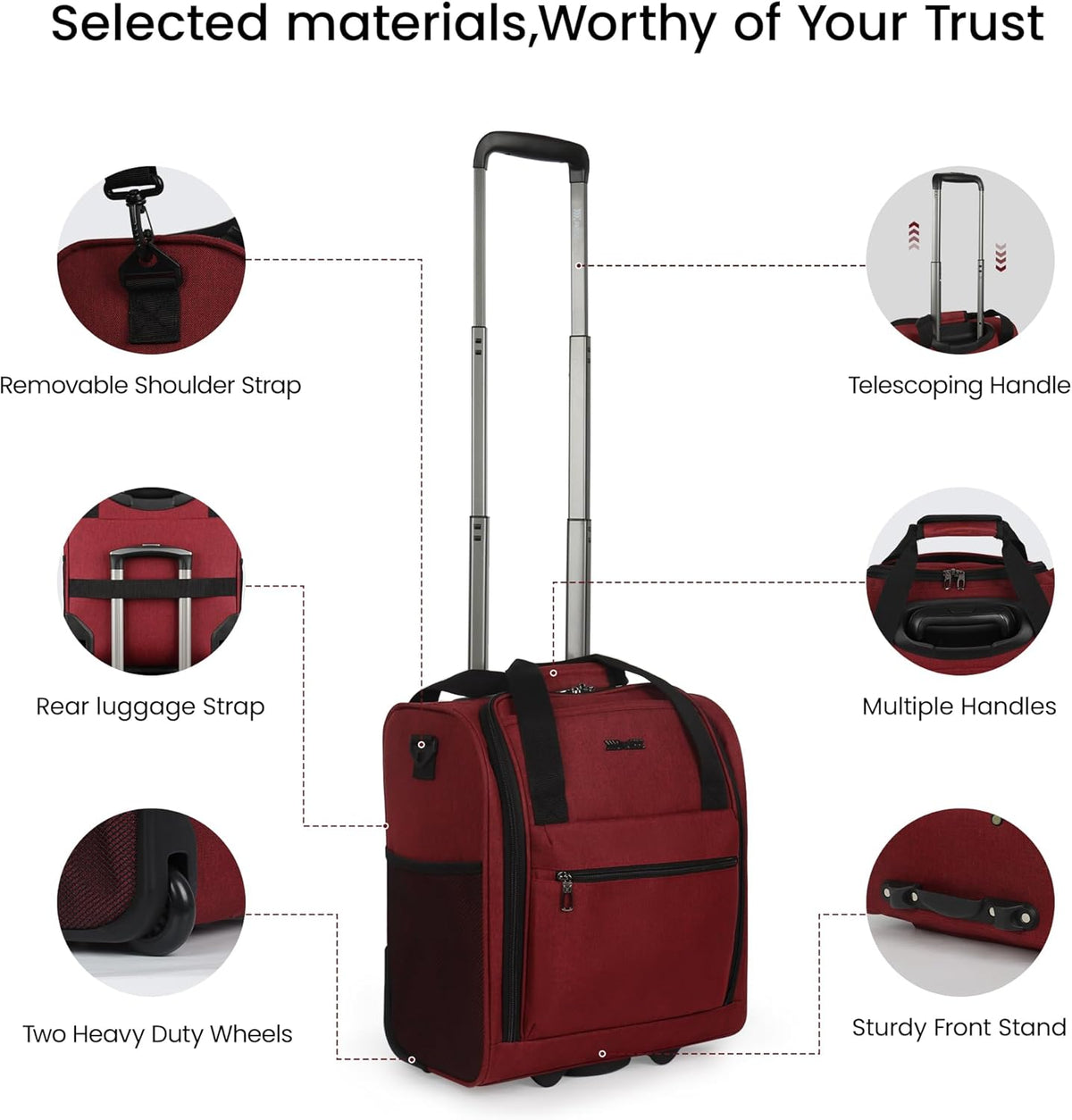 16'' Softside Carry-On Luggage for Airplane,3-in-1 Underseat Carry On Luggage with Wheels,Scratch-Resistant Surface,Lightweight Durable Rolling Suitcase for Men/Women Business Trip（16'',Burgundy）