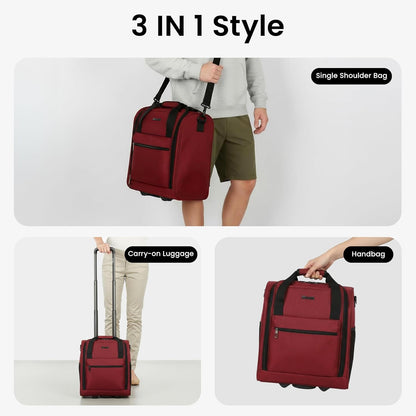 16'' Softside Carry-On Luggage for Airplane,3-in-1 Underseat Carry On Luggage with Wheels,Scratch-Resistant Surface,Lightweight Durable Rolling Suitcase for Men/Women Business Trip（16'',Burgundy）