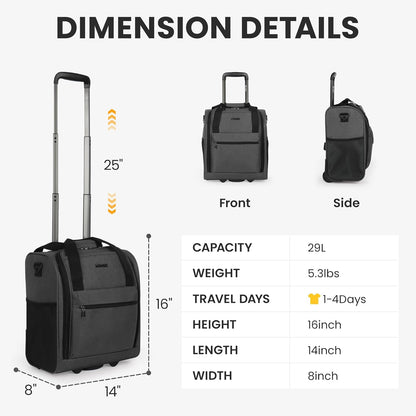16'' Softside Carry-On Luggage for Airplane,3-in-1 Underseat Carry On Luggage with Wheels,Scratch-Resistant Surface,Lightweight Durable Rolling Suitcase for Men/Women Business Trip（16'',Burgundy）
