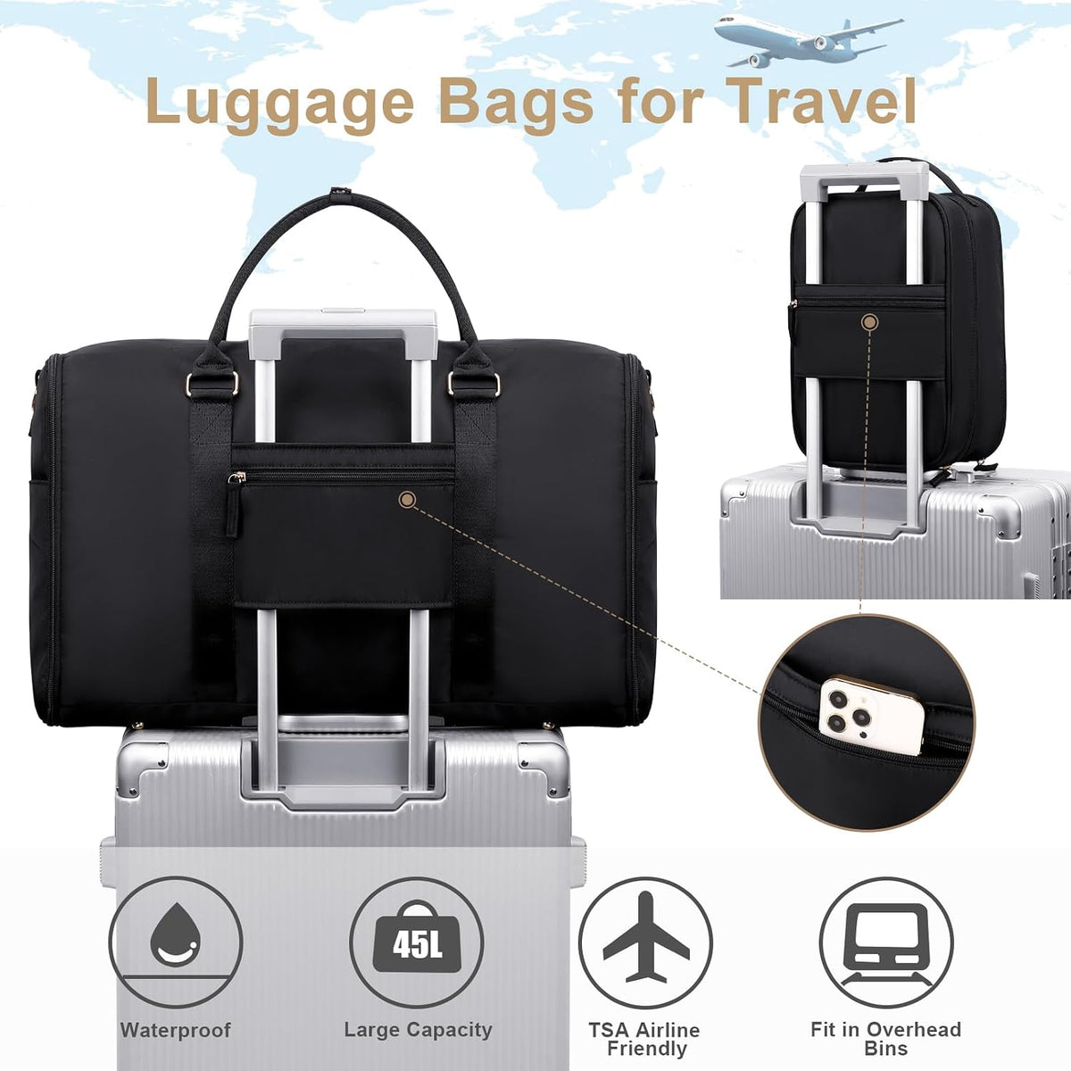 Convertible Travel Garment Bag,Carry On Garment Duffle Bag with Toiletry and Shoe bag,Garment Bags for Travel,2 in 1 Hanging Dress Suitcase Suit Travel Bags for Women with USB Charging Port