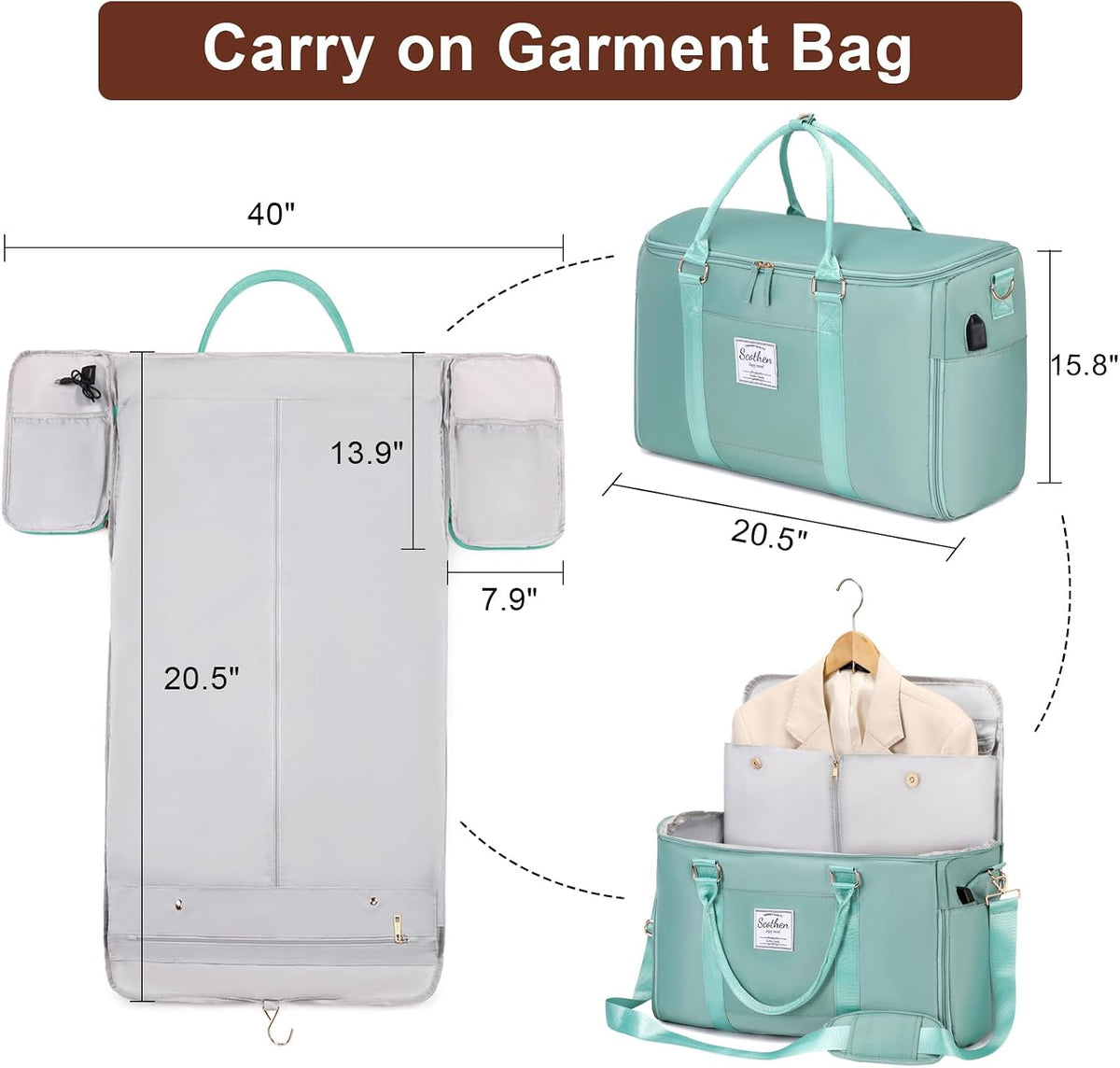 Convertible Travel Garment Bag,Carry On Garment Duffle Bag with Toiletry and Shoe bag,Garment Bags for Travel,2 in 1 Hanging Dress Suitcase Suit Travel Bags for Women with USB Charging Port