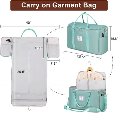 Convertible Travel Garment Bag,Carry On Garment Duffle Bag with Toiletry and Shoe bag,Garment Bags for Travel,2 in 1 Hanging Dress Suitcase Suit Travel Bags for Women with USB Charging Port