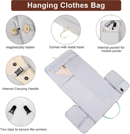 Convertible Travel Garment Bag,Carry On Garment Duffle Bag with Toiletry and Shoe bag,Garment Bags for Travel,2 in 1 Hanging Dress Suitcase Suit Travel Bags for Women with USB Charging Port
