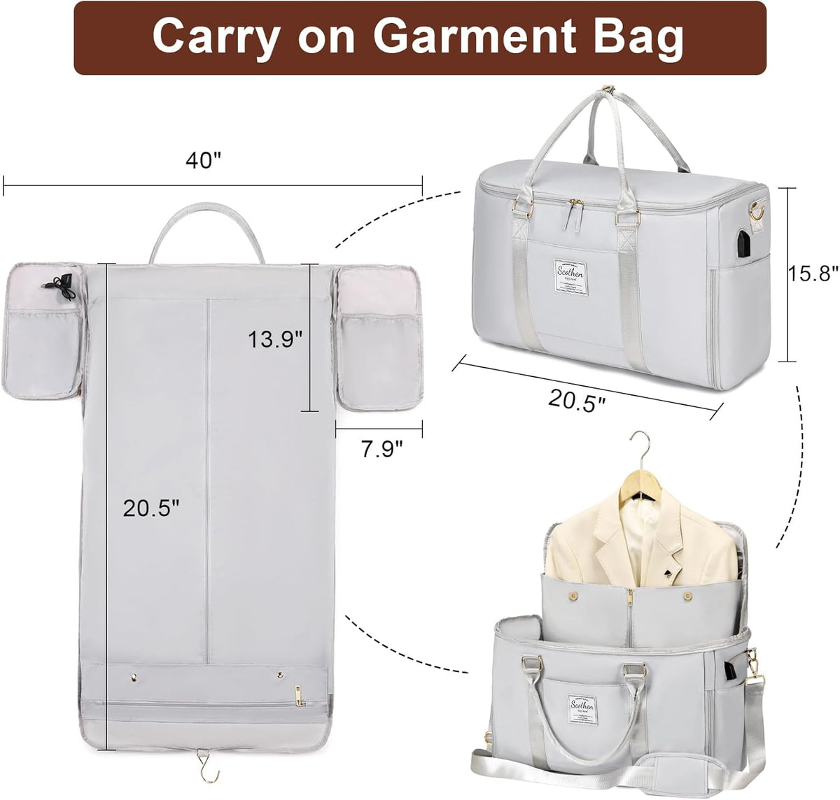 Convertible Travel Garment Bag,Carry On Garment Duffle Bag with Toiletry and Shoe bag,Garment Bags for Travel,2 in 1 Hanging Dress Suitcase Suit Travel Bags for Women with USB Charging Port