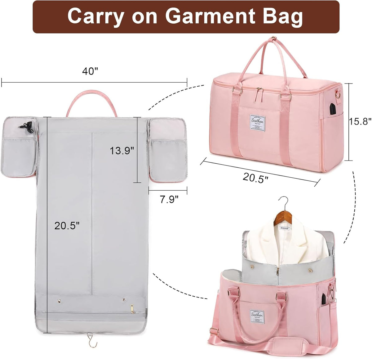 Convertible Travel Garment Bag,Carry On Garment Duffle Bag with Toiletry and Shoe bag,Garment Bags for Travel,2 in 1 Hanging Dress Suitcase Suit Travel Bags for Women with USB Charging Port