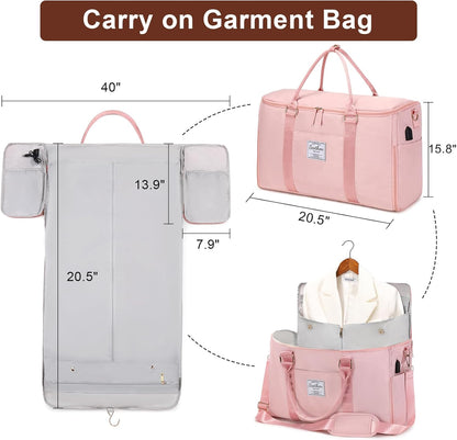 Convertible Travel Garment Bag,Carry On Garment Duffle Bag with Toiletry and Shoe bag,Garment Bags for Travel,2 in 1 Hanging Dress Suitcase Suit Travel Bags for Women with USB Charging Port