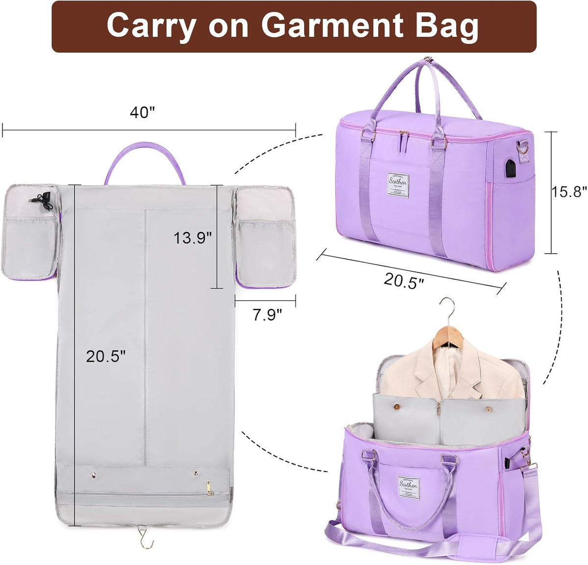 Convertible Travel Garment Bag,Carry On Garment Duffle Bag with Toiletry and Shoe bag,Garment Bags for Travel,2 in 1 Hanging Dress Suitcase Suit Travel Bags for Women with USB Charging Port