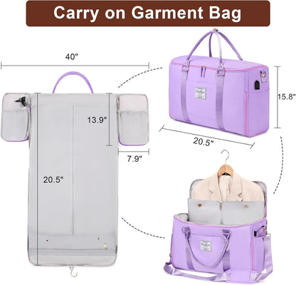 Convertible Travel Garment Bag,Carry On Garment Duffle Bag with Toiletry and Shoe bag,Garment Bags for Travel,2 in 1 Hanging Dress Suitcase Suit Travel Bags for Women with USB Charging Port