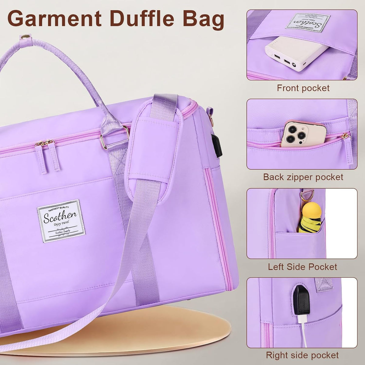 Convertible Travel Garment Bag,Carry On Garment Duffle Bag with Toiletry and Shoe bag,Garment Bags for Travel,2 in 1 Hanging Dress Suitcase Suit Travel Bags for Women with USB Charging Port