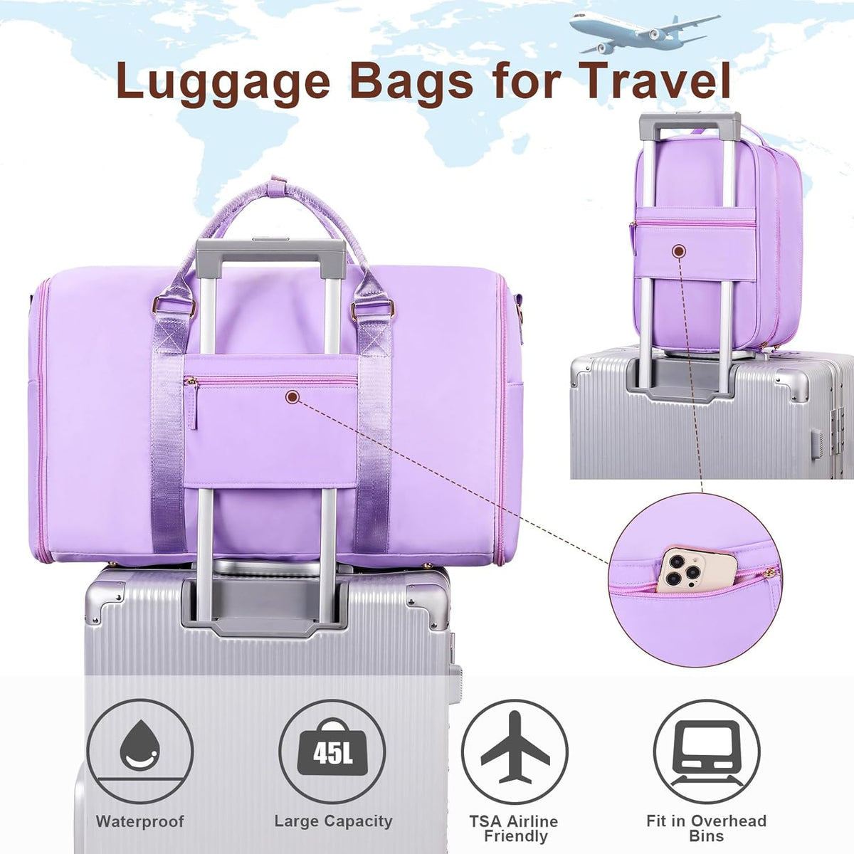 Convertible Travel Garment Bag,Carry On Garment Duffle Bag with Toiletry and Shoe bag,Garment Bags for Travel,2 in 1 Hanging Dress Suitcase Suit Travel Bags for Women with USB Charging Port
