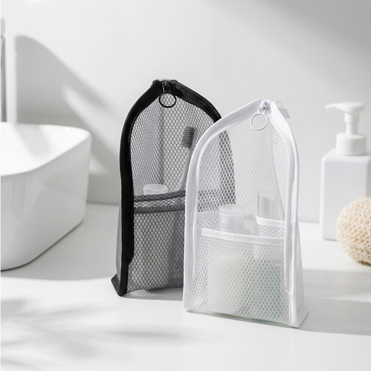 Standing Toiletry Bag, Portable Lightweight Travel Toiletry Bag, Mesh Large Capacity Cosmetic Waterproof Bag,Foldable Clear Hanging Travel Toiletry Bag Cosmetic Organiser Storage(White)