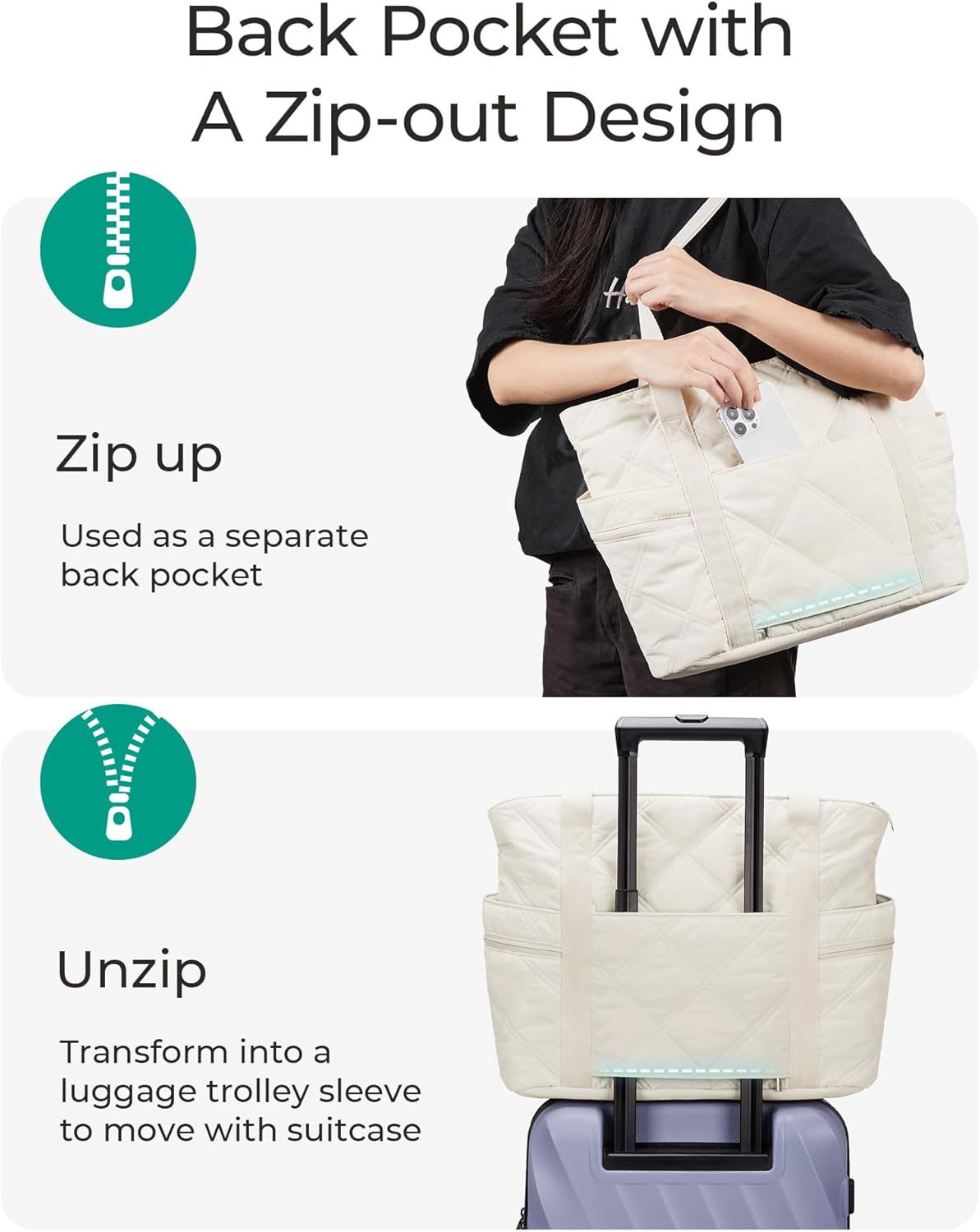 Crush Tote Bag for Women, 20L Puffer Work Tote with Zipper, Travel Essentials Quilted Nurse Hospital Bag