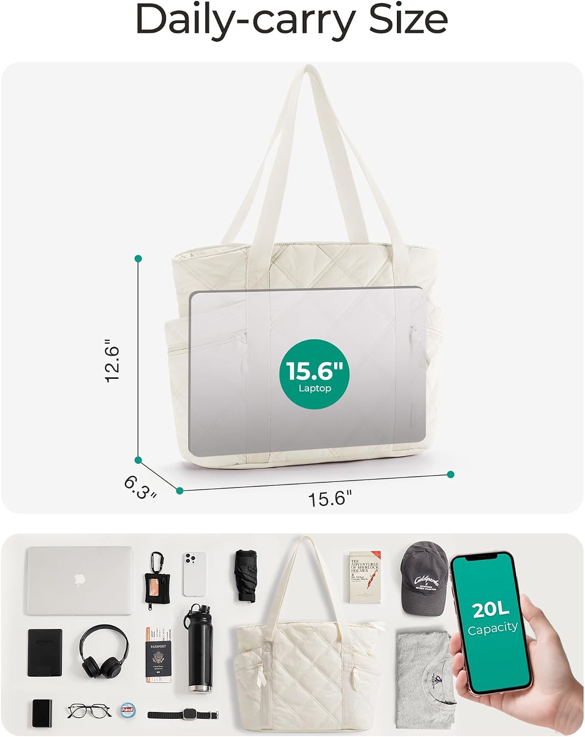 Crush Tote Bag for Women, 20L Puffer Work Tote with Zipper, Travel Essentials Quilted Nurse Hospital Bag