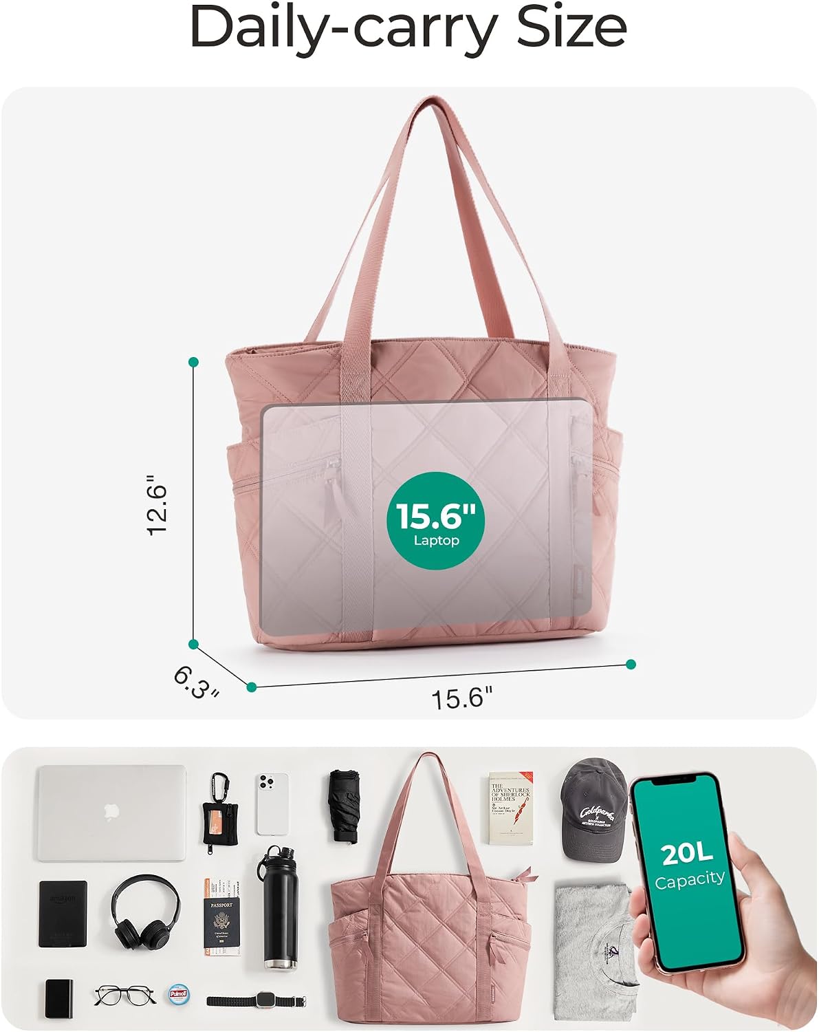 Crush Tote Bag for Women, 20L Puffer Work Tote with Zipper, Travel Essentials Quilted Nurse Hospital Bag