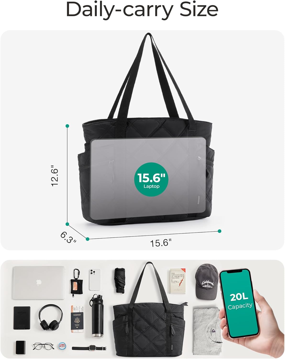 Crush Tote Bag for Women, 20L Puffer Work Tote with Zipper, Travel Essentials Quilted Nurse Hospital Bag