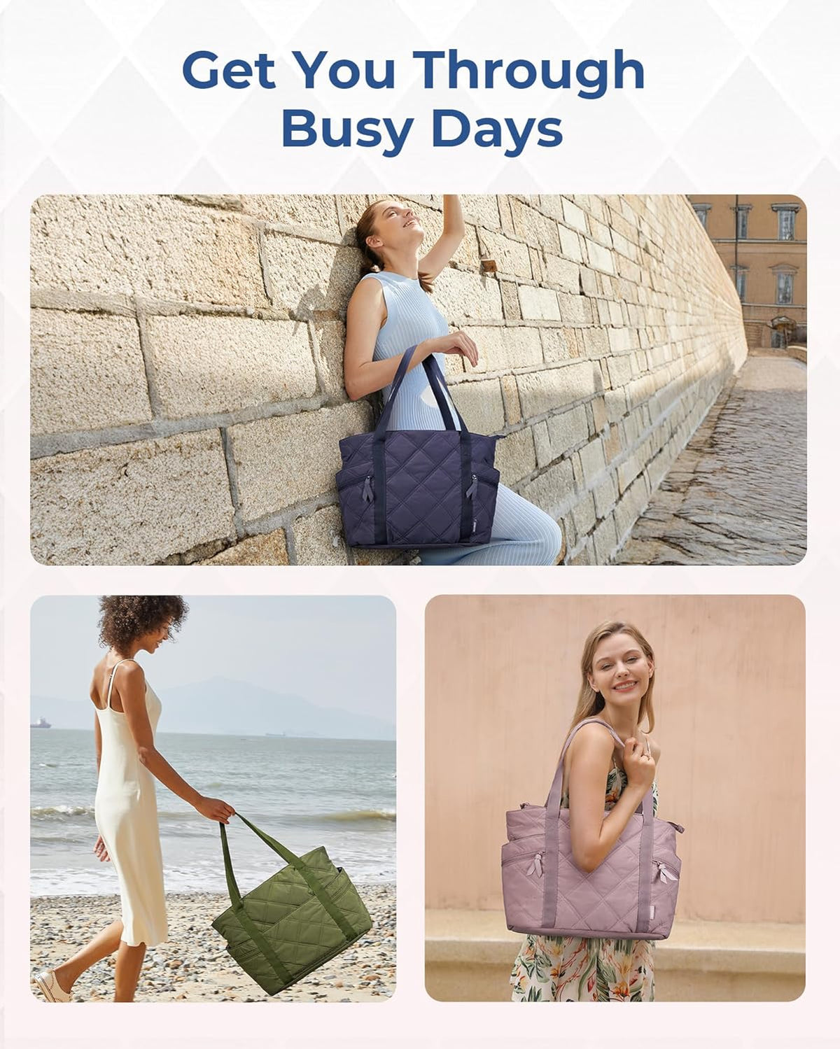 Crush Tote Bag for Women, 20L Puffer Work Tote with Zipper, Travel Essentials Quilted Nurse Hospital Bag