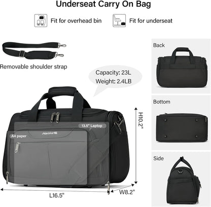 Small Travel Duffel Bag, Under Seat Carry On Personal Item Bag with 11 Pockets, Lightweight Water Resistant Foldable Weekender Bag with Trolley Sleeve for Travel Gym Daily Use（Black）