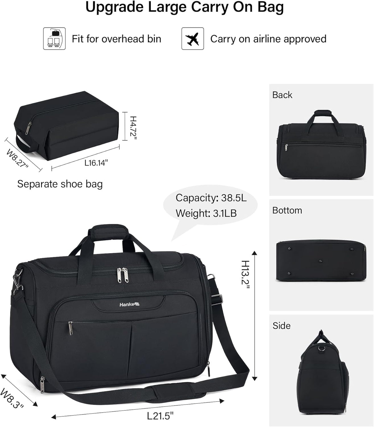 Small Travel Duffel Bag, Under Seat Carry On Personal Item Bag with 11 Pockets, Lightweight Water Resistant Foldable Weekender Bag with Trolley Sleeve for Travel Gym Daily Use（Black）