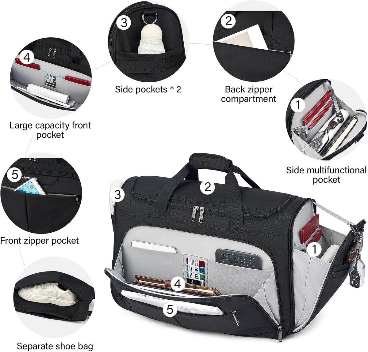 Small Travel Duffel Bag, Under Seat Carry On Personal Item Bag with 11 Pockets, Lightweight Water Resistant Foldable Weekender Bag with Trolley Sleeve for Travel Gym Daily Use（Black）