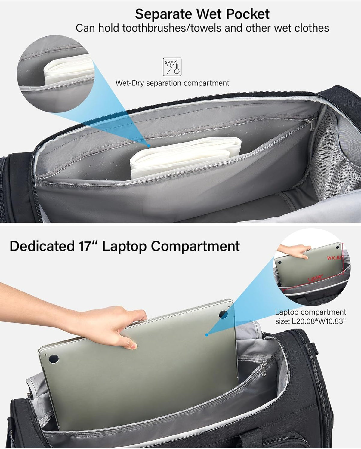 Small Travel Duffel Bag, Under Seat Carry On Personal Item Bag with 11 Pockets, Lightweight Water Resistant Foldable Weekender Bag with Trolley Sleeve for Travel Gym Daily Use（Black）