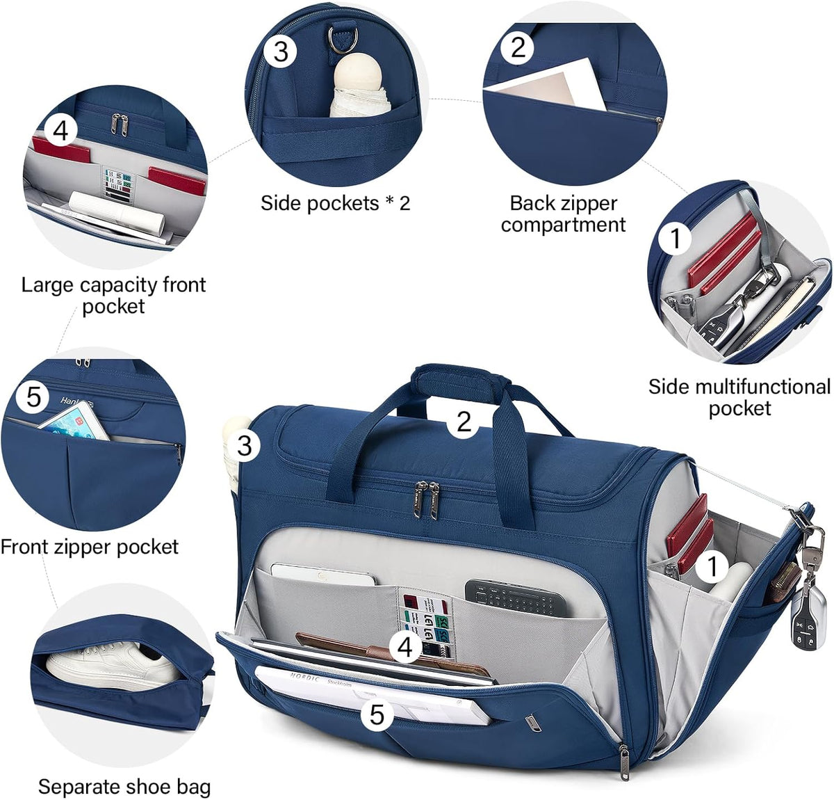 Small Travel Duffel Bag, Under Seat Carry On Personal Item Bag with 11 Pockets, Lightweight Water Resistant Foldable Weekender Bag with Trolley Sleeve for Travel Gym Daily Use（Black）