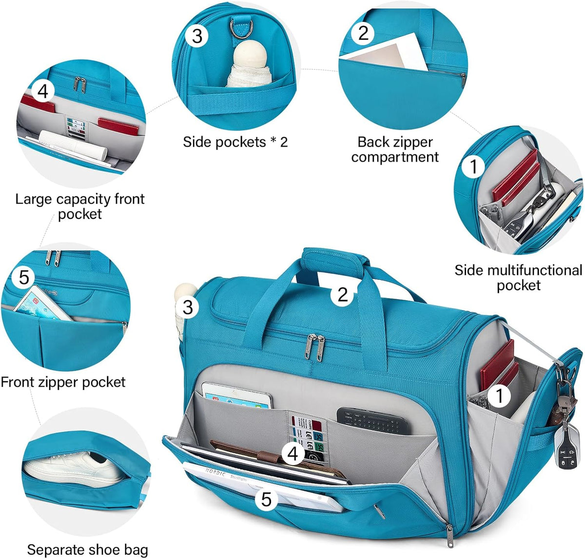 Small Travel Duffel Bag, Under Seat Carry On Personal Item Bag with 11 Pockets, Lightweight Water Resistant Foldable Weekender Bag with Trolley Sleeve for Travel Gym Daily Use（Black）