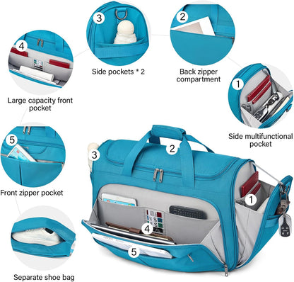 Small Travel Duffel Bag, Under Seat Carry On Personal Item Bag with 11 Pockets, Lightweight Water Resistant Foldable Weekender Bag with Trolley Sleeve for Travel Gym Daily Use（Black）