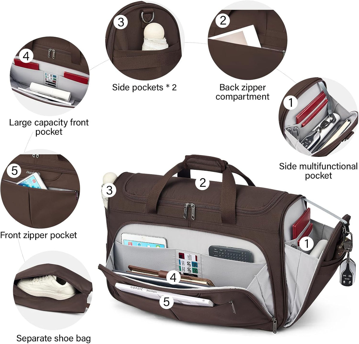 Small Travel Duffel Bag, Under Seat Carry On Personal Item Bag with 11 Pockets, Lightweight Water Resistant Foldable Weekender Bag with Trolley Sleeve for Travel Gym Daily Use（Black）