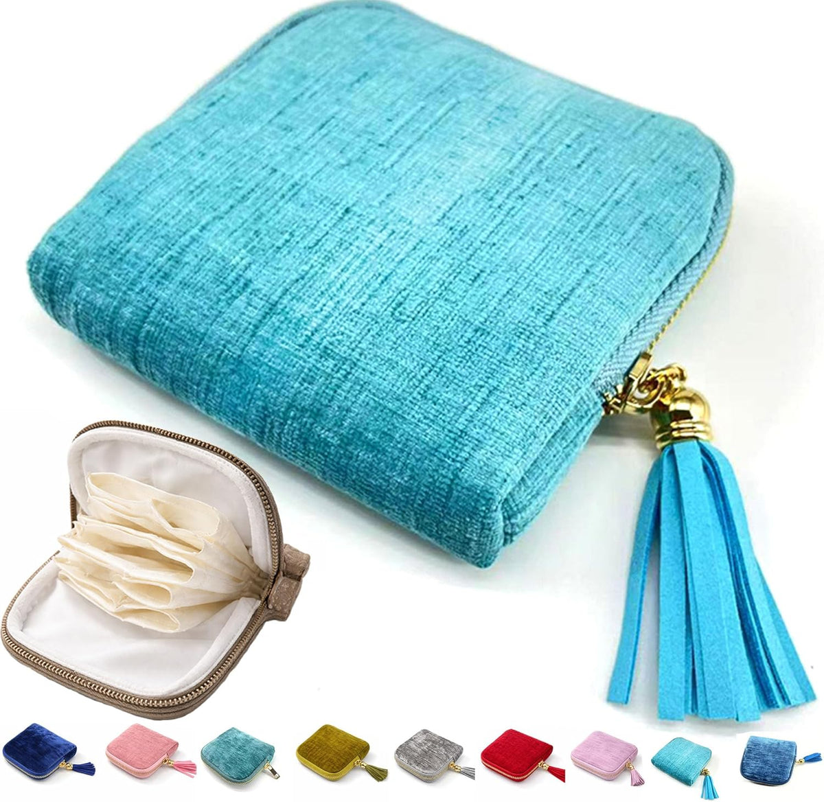 Small Travel Jewelry Pounch Case, 6-Layer Velvet Jewelry Organizer Storage Bag with Zipper, Mini Portable Pouch for Rings Earring, Anti-Scratch Jewelry Pouch Gift for Women Girls（Light Ice Blue）