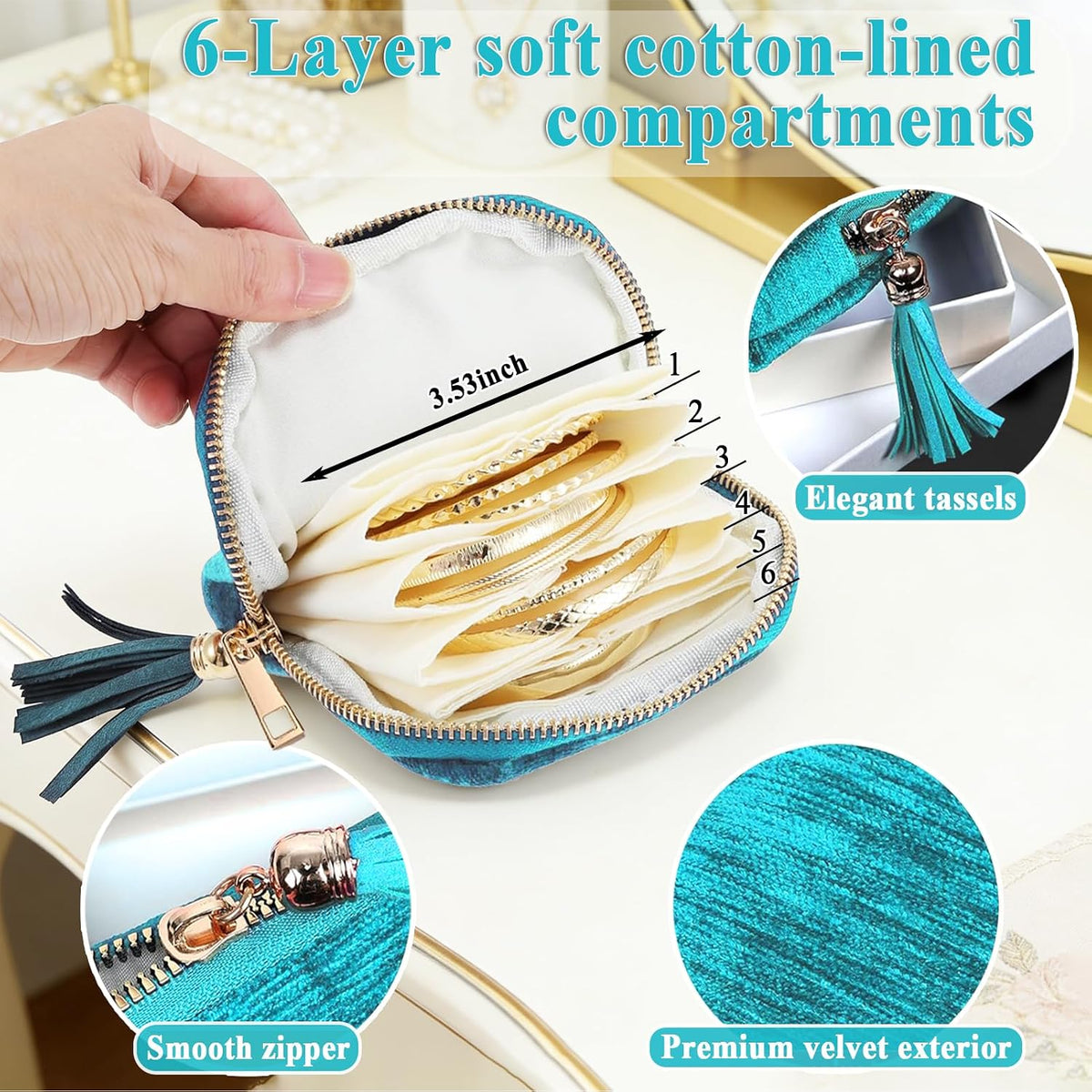 Small Travel Jewelry Pounch Case, 6-Layer Velvet Jewelry Organizer Storage Bag with Zipper, Mini Portable Pouch for Rings Earring, Anti-Scratch Jewelry Pouch Gift for Women Girls（Light Ice Blue）