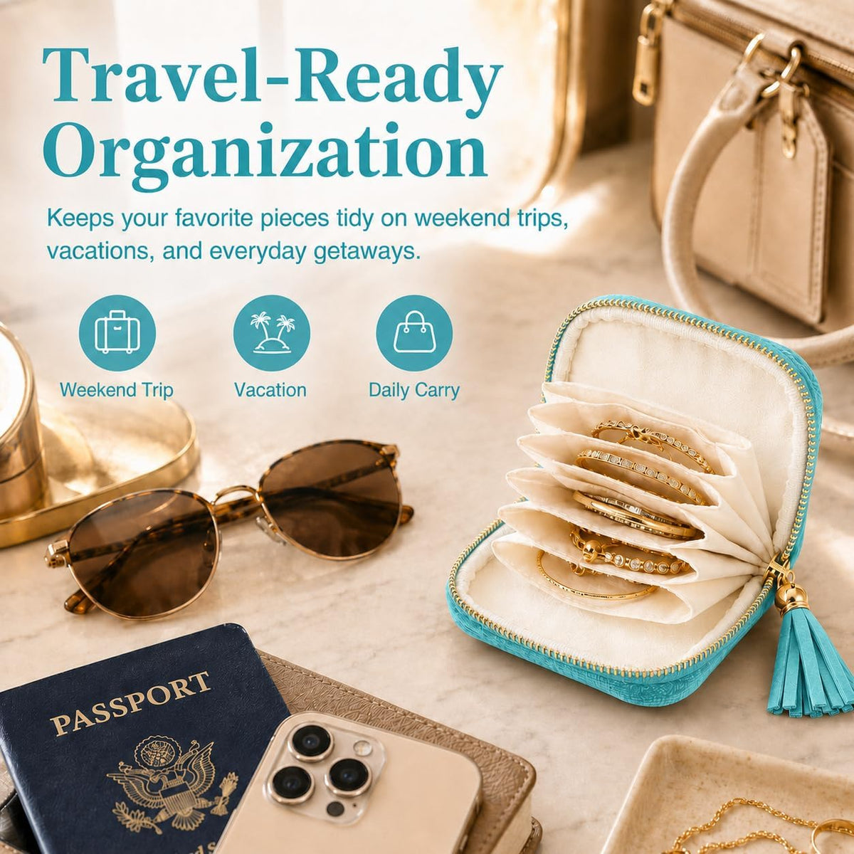 Small Travel Jewelry Pounch Case, 6-Layer Velvet Jewelry Organizer Storage Bag with Zipper, Mini Portable Pouch for Rings Earring, Anti-Scratch Jewelry Pouch Gift for Women Girls（Light Ice Blue）
