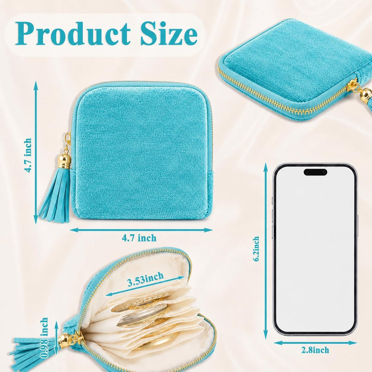 Small Travel Jewelry Pounch Case, 6-Layer Velvet Jewelry Organizer Storage Bag with Zipper, Mini Portable Pouch for Rings Earring, Anti-Scratch Jewelry Pouch Gift for Women Girls（Light Ice Blue）