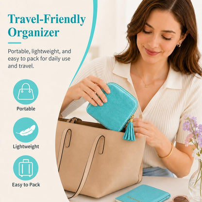 Small Travel Jewelry Pounch Case, 6-Layer Velvet Jewelry Organizer Storage Bag with Zipper, Mini Portable Pouch for Rings Earring, Anti-Scratch Jewelry Pouch Gift for Women Girls（Light Ice Blue）
