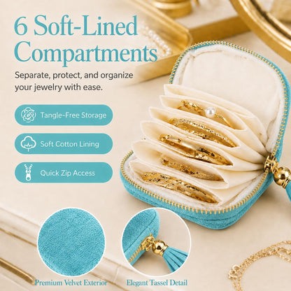 Small Travel Jewelry Pounch Case, 6-Layer Velvet Jewelry Organizer Storage Bag with Zipper, Mini Portable Pouch for Rings Earring, Anti-Scratch Jewelry Pouch Gift for Women Girls（Light Ice Blue）