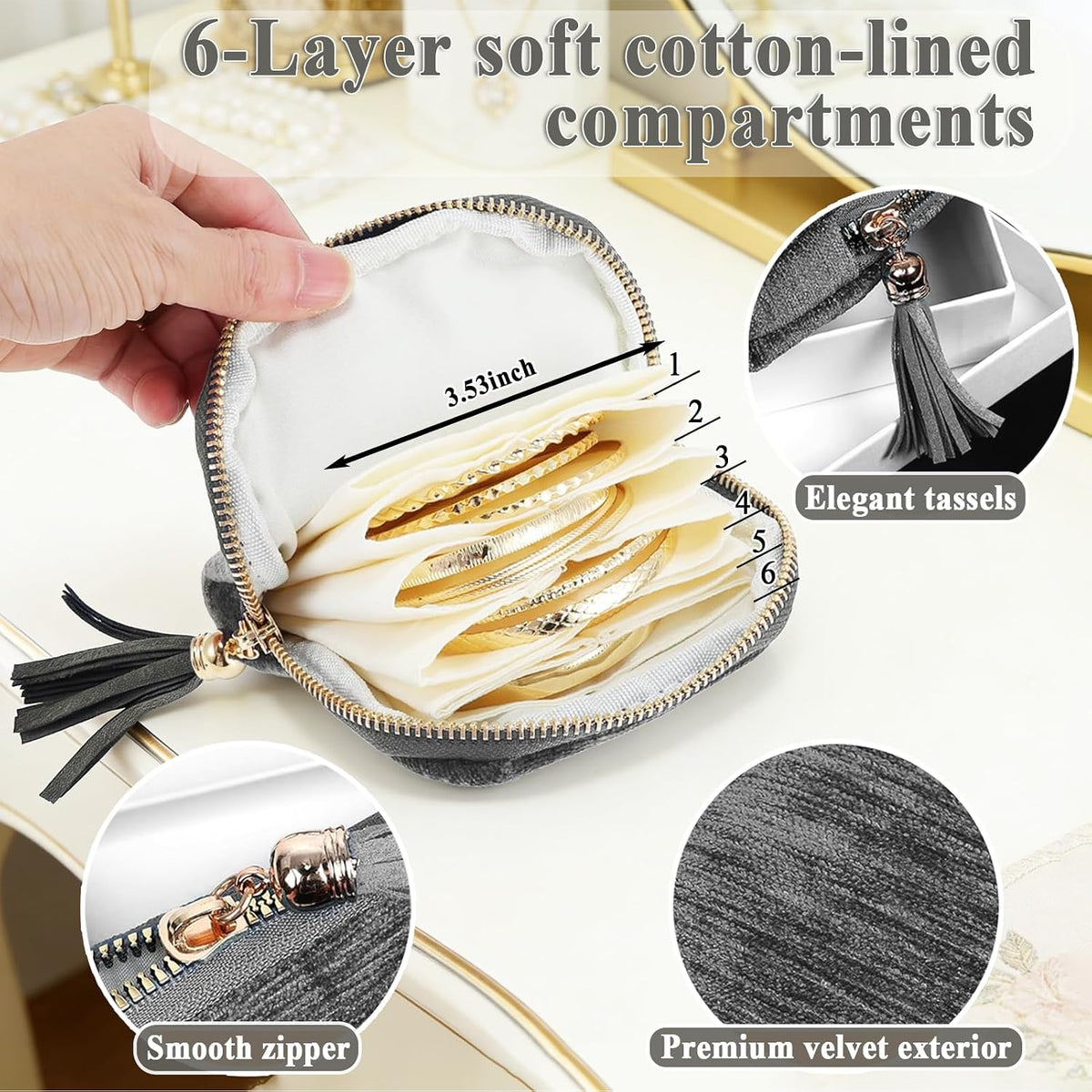 Small Travel Jewelry Pounch Case, 6-Layer Velvet Jewelry Organizer Storage Bag with Zipper, Mini Portable Pouch for Rings Earring, Anti-Scratch Jewelry Pouch Gift for Women Girls（Light Ice Blue）