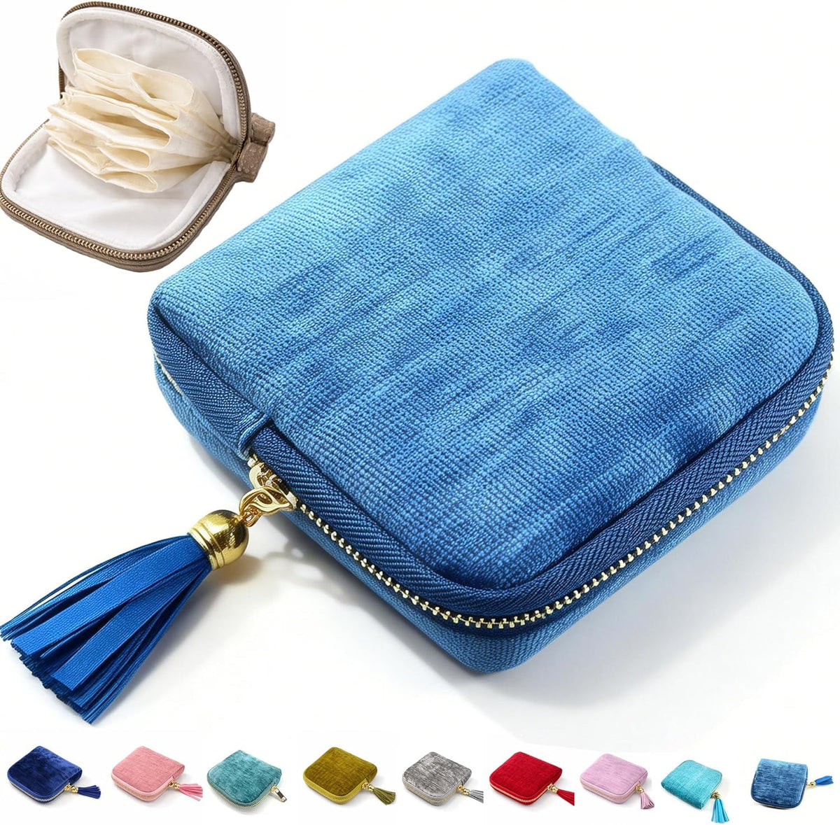 Small Travel Jewelry Pounch Case, 6-Layer Velvet Jewelry Organizer Storage Bag with Zipper, Mini Portable Pouch for Rings Earring, Anti-Scratch Jewelry Pouch Gift for Women Girls（Light Ice Blue）