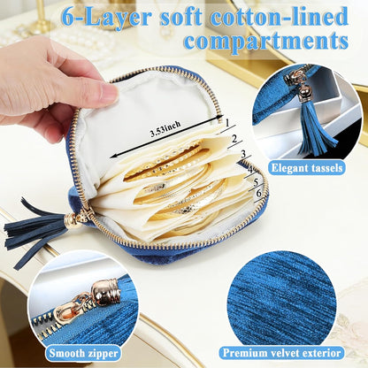 Small Travel Jewelry Pounch Case, 6-Layer Velvet Jewelry Organizer Storage Bag with Zipper, Mini Portable Pouch for Rings Earring, Anti-Scratch Jewelry Pouch Gift for Women Girls（Light Ice Blue）