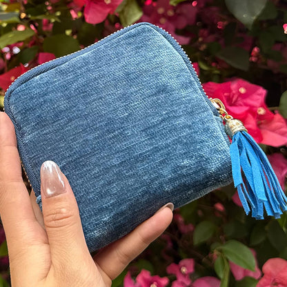 Small Travel Jewelry Pounch Case, 6-Layer Velvet Jewelry Organizer Storage Bag with Zipper, Mini Portable Pouch for Rings Earring, Anti-Scratch Jewelry Pouch Gift for Women Girls（Light Ice Blue）
