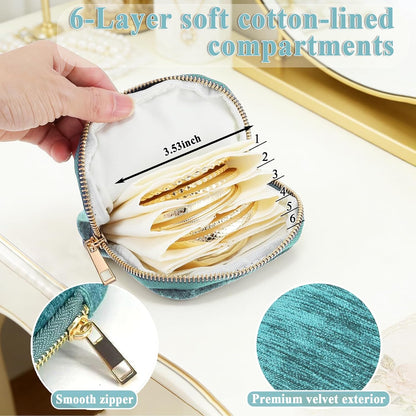 Small Travel Jewelry Pounch Case, 6-Layer Velvet Jewelry Organizer Storage Bag with Zipper, Mini Portable Pouch for Rings Earring, Anti-Scratch Jewelry Pouch Gift for Women Girls（Light Ice Blue）