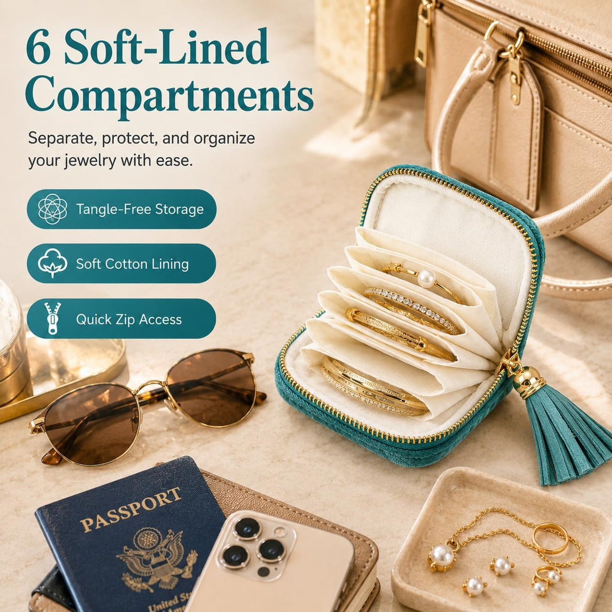 Small Travel Jewelry Pounch Case, 6-Layer Velvet Jewelry Organizer Storage Bag with Zipper, Mini Portable Pouch for Rings Earring, Anti-Scratch Jewelry Pouch Gift for Women Girls（Light Ice Blue）